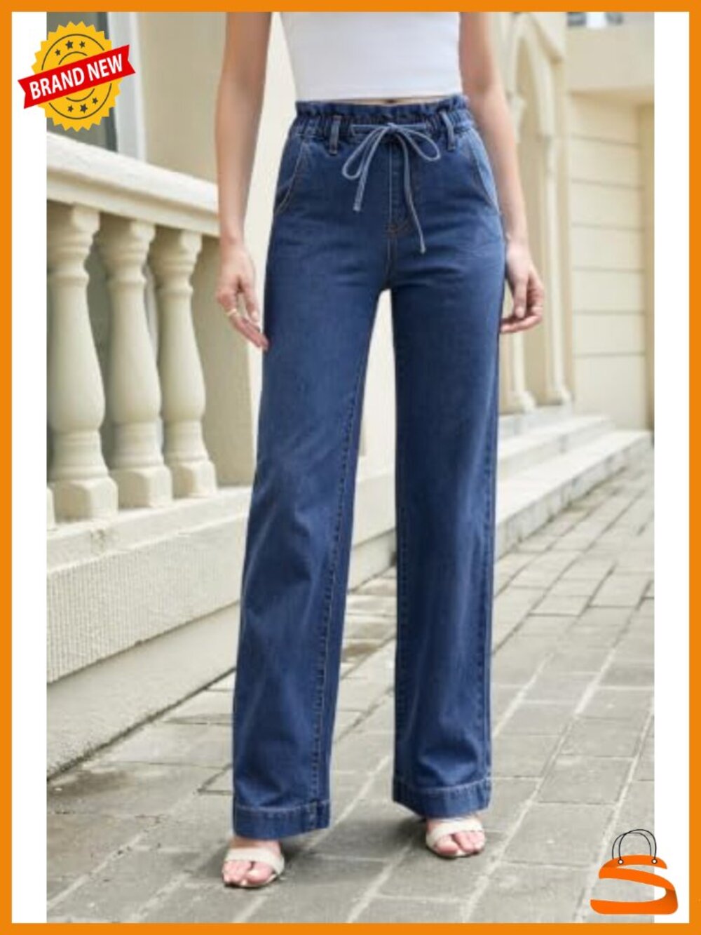 Wide Leg Jeans High Waisted Elastic Waist Drawstring Baggy Denim Pants with - Picture 2 of 6
